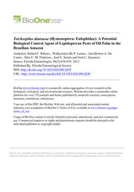 Hymenoptera: Eulophidae): a Potential Biological Control Agent of Lepidopteran Pests of Oil Palm in the Brazilian Amazon Author(S): Rafael C