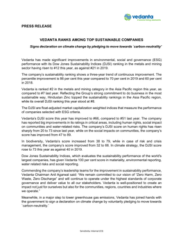 Press Release Vedanta Ranks Among Top Sustainable