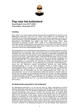 Pop Naar Het Buitenland Exportbeleid Voor 2017-2020 Popcoalitie, December 2015