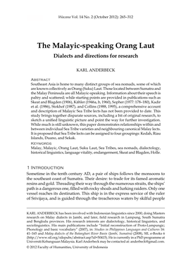 The Malayic-Speaking Orang Laut Dialects and Directions for Research