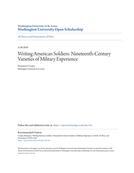 Writing American Soldiers: Nineteenth-Century Varieties of Military Experience Benjamin Cooper Washington University in St