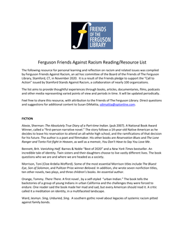 Ferguson Friends Against Racism Reading/Resource List