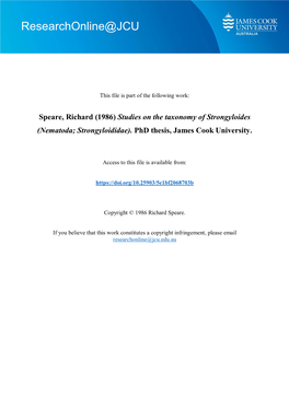 Studies on the Taxonomy of Strongyloides (Nematoda; Strongyloididae)