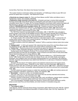 Connie Kline, Past Chair, Ohio Sierra Club Nuclear Committee the Nuclear Industry Is Notoriously Ruthless and Deceptive, So Firs