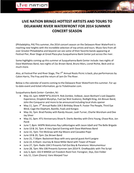 Live Nation Brings Hottest Artists and Tours to Delaware River Waterfront for 2014 Summer Concert Season