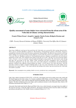 Quality Assessment of Some Timber Trees Extracted from the Afram Arm of the Volta Lake in Ghana: Sawing Characteristics