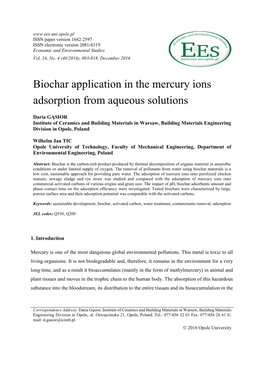 Biochar Application in the Mercury Ions Adsorption from Aqueous Solutions