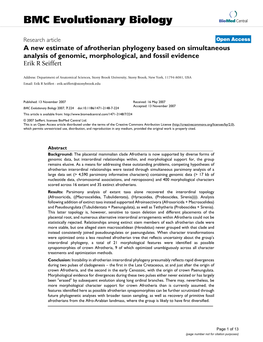 A New Estimate of Afrotherian Phylogeny Based on Simultaneous Analysis of Genomic, Morphological, and Fossil Evidence Erik R Seiffert