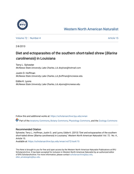 Diet and Ectoparasites of the Southern Short-Tailed Shrew (Blarina Carolinensis) in Louisiana