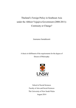 Thailand's Foreign Policy in Southeast Asia Under the Abhisit Vejjajiva Administration, 2008-2011