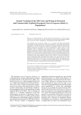 Genetic Variation in the ND1 Gene and D-Loop in Protected and Commercially Exploited European Cisco (Coregonus Albula L.) Populations*