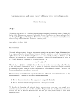 Hamming Codes and Some Theory of Linear Error Correcting Codes