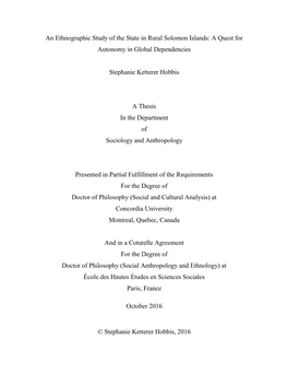 An Ethnographic Study of the State in Rural Solomon Islands: a Quest for Autonomy in Global Dependencies