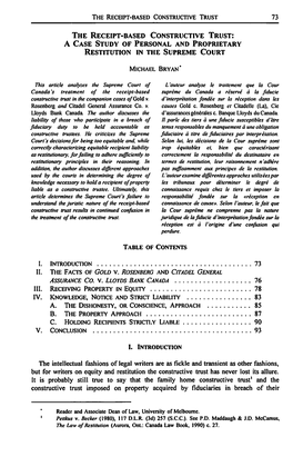 The Receipt-Based Constructive Trust: a Case Study of Personal and Proprietary Restitution in the Supreme Court