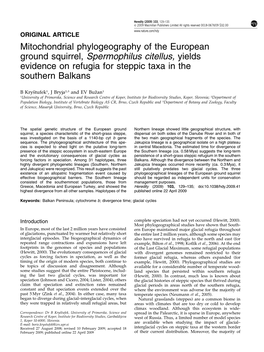 Mitochondrial Phylogeography of the European Ground Squirrel, Spermophilus Citellus, Yields Evidence on Refugia for Steppic Taxa in the Southern Balkans