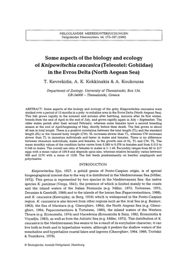 Some Aspects of the Biology and Ecology of Knipowitschia Caucasica (Teleostei: Gobiidae) in the Evros Delta (North Aegean Sea) T