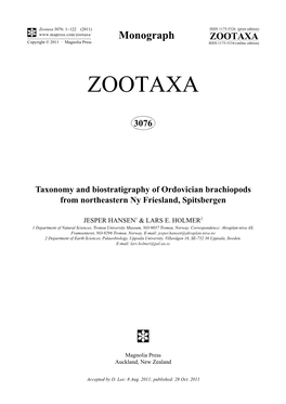 Taxonomy and Biostratigraphy of Ordovician Brachiopods from Northeastern Ny Friesland, Spitsbergen