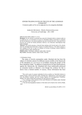 JEWISH TRADING in FES on the EVE of the ALMOHAD CONQUEST* Comercio Judío En Fez En La Etapa Previa a La Conquista Almohade