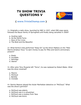 Tv Show Trivia Questions V