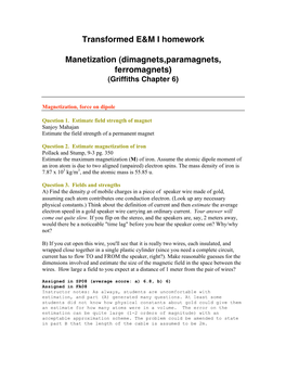 Transformed E&M I Homework Manetization (Dimagnets