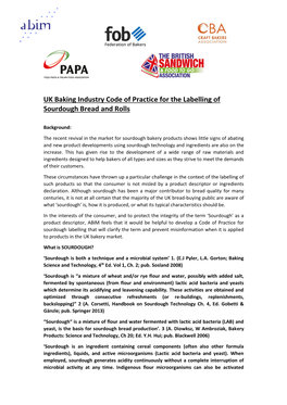 UK Baking Industry Code of Practice for the Labelling of Sourdough Bread and Rolls