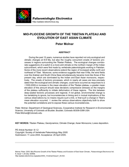 Mio-Pliocene Growth of the Tibetan Plateau and Evolution of East Asian Climate