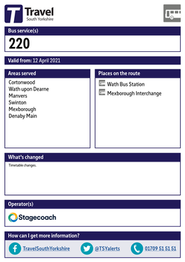 Valid From: 12 April 2021 Bus Service(S) What's Changed Areas Served Cortonwood Wath Upon Dearne Manvers Swinton Mexborough De