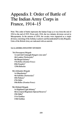 Order of Battle of the Indian Army Corps in France, 1914-15