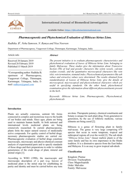 Pharmacognostic and Phytochemical Evaluation of Hibiscus Hirtus Linn