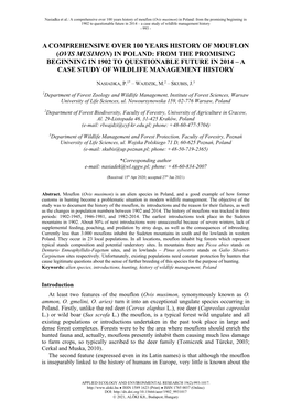 Ovis Musimon) in Poland: from the Promising Beginning in 1902 to Questionable Future in 2014 – a Case Study of Wildlife Management History - 993