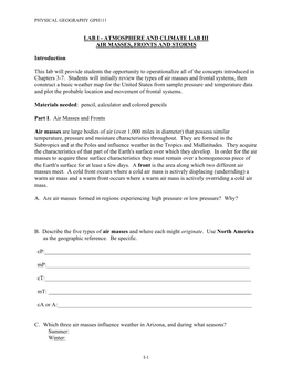 Atmosphere and Climate Lab Iii Air Masses, Fronts and Storms