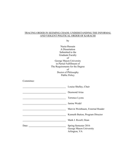 TRACING ORDER in SEEMING CHAOS: UNDERSTANDING the INFORMAL and VIOLENT POLITICAL ORDER of KARACHI By
