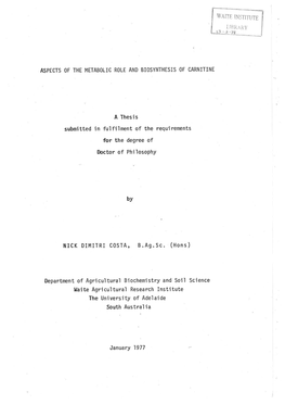 Aspects of the Metabolic Role and Biosynthesis of Carnitine