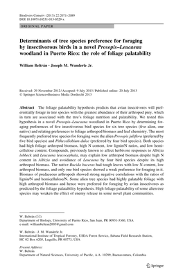 Determinants of Tree Species Preference for Foraging by Insectivorous Birds in a Novel Prosopis–Leucaena Woodland in Puerto Rico: the Role of Foliage Palatability