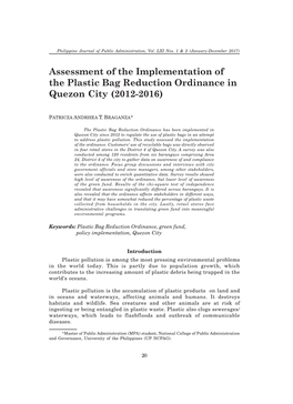 Assessment of the Implementation of the Plastic Bag Reduction Ordinance in Quezon City (2012-2016)