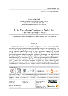 On the Chronology of Vladislaus of Opole's Rule As a Count Palatine Of