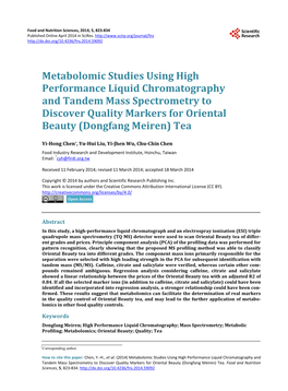 Metabolomic Studies Using High Performance Liquid Chromatography and Tandem Mass Spectrometry to Discover Quality Markers for Oriental Beauty (Dongfang Meiren) Tea
