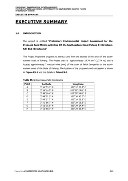 Environmental Impact Assessment for the Proposed Sand Mining Activities Off the Southeastern Coast of Pahang by Directeam Sdn Bhd