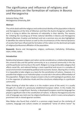 The Significance and Influence of Religions and Confessions on the Formation of Nations in Bosnia and Herzegovina Antonio Pehar, Phd Herzegovina University, Bih