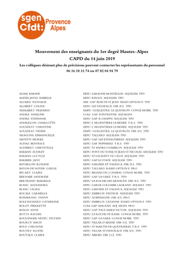 Mouvement Des Enseignants Du 1Er Degré Hautes-Alpes CAPD Du 14 Juin 2019