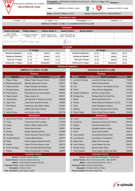1º Tempo Nº Apelido Nome Completo CBF Nº Apelido Nome Completo CBF Substitutos Substitutos 2º Tempo AMÉRICA FUTEBOL CLUBE T