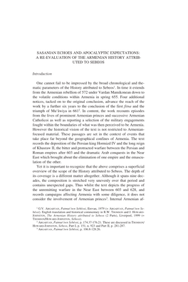 Sasanian Echoes and Apocalyptic Expectations: a Re-Evaluation of the Armenian History Attrib- Uted to Sebeos