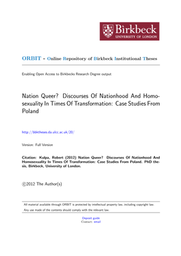 Nation Queer? Discourses of Nationhood and Homo- Sexuality in Times of Transformation: Case Studies from Poland