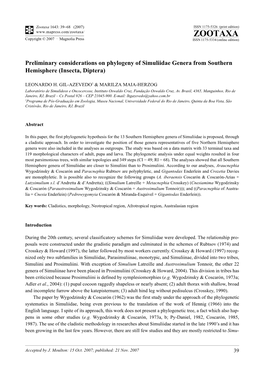 Zootaxa,Preliminary Considerations on Phylogeny Of