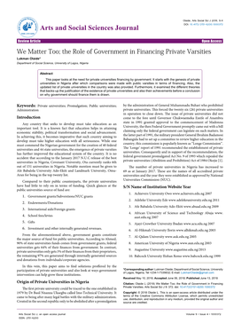 The Role of Government in Financing Private Varsities Lukman Olaide* Department of Social Science, University of Lagos, Nigeria