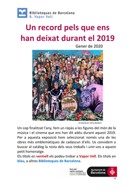 Un Record Pels Que Ens Han Deixat Durant El 2019 Gener De 2020