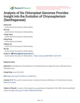 Analysis of Six Chloroplast Genomes Provides Insight Into the Evolution of Chrysosplenium (Saxifragaceae)