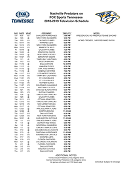 Nashville Predators on FOX Sports Tennessee 2018-2019 Television Schedule