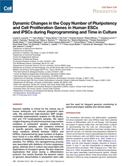 Dynamic Changes in the Copy Number of Pluripotency and Cell Proliferation Genes in Human Escs and Ipscs During Reprogramming and Time in Culture