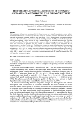 The Potential of Natural Resources of Hypericum Maculatum Crantz Growing Wild in Levočské Vrchy (Slovakia)